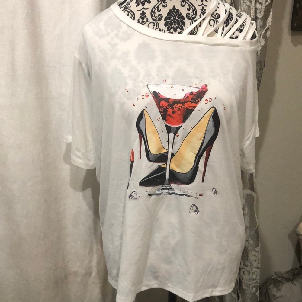 NWOT White High Fashion Graphic Tee with Martini and Heels Design